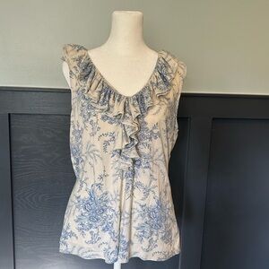 Lauren Ralph Lauren Blue and White Ruffled Sleeveless Blouse